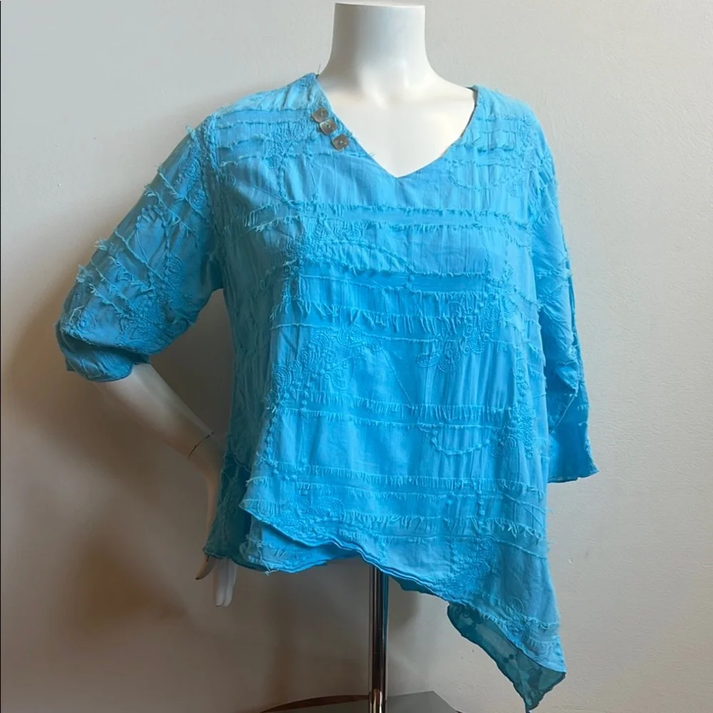 Casual cottonseed Lagenlook Blue Asymmetrical 3/4 Sleeve Blouse